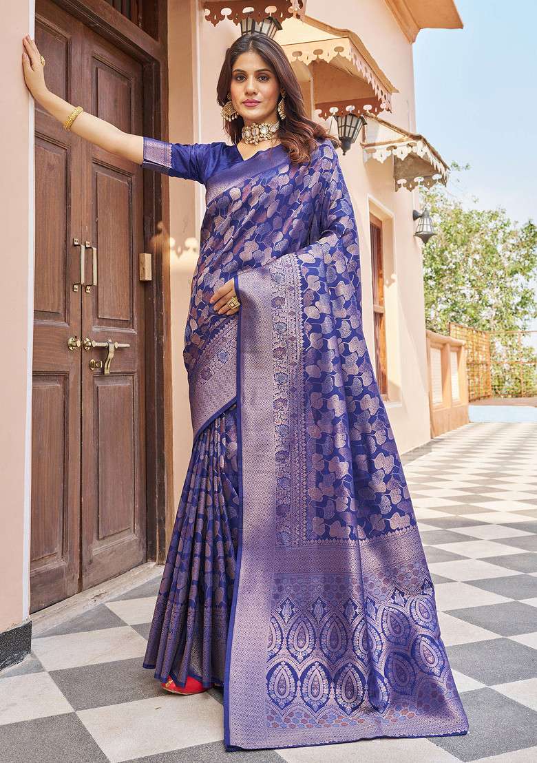 Navy Zari Woven Banarasi Silk Blend Saree Set for Diwali and Festive Wear - Indya