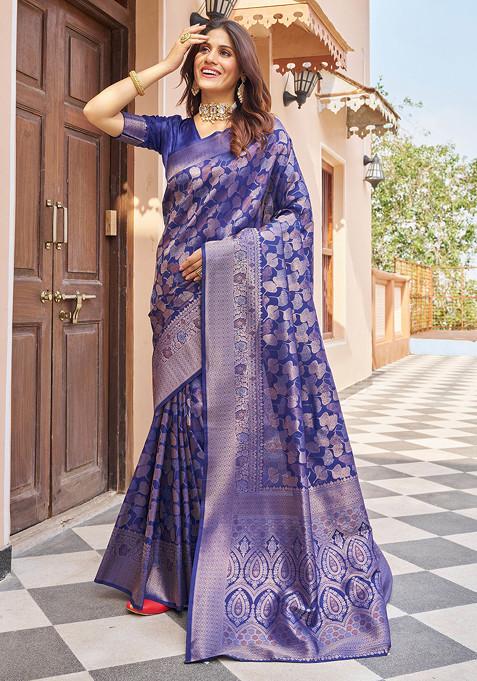 Navy Zari Woven Banarasi Silk Blend Saree Set