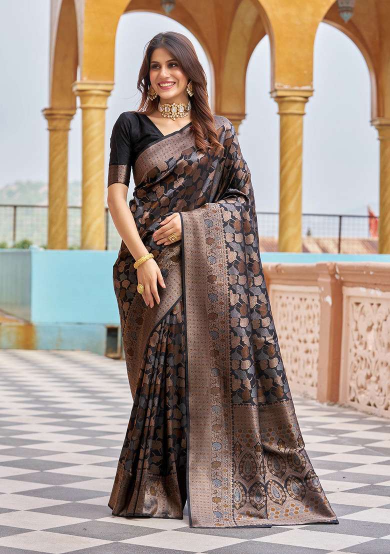 Black Zari Woven Blend Banarasi Silk Saree Set for Diwali | Wedding & Festive Wear - Indya