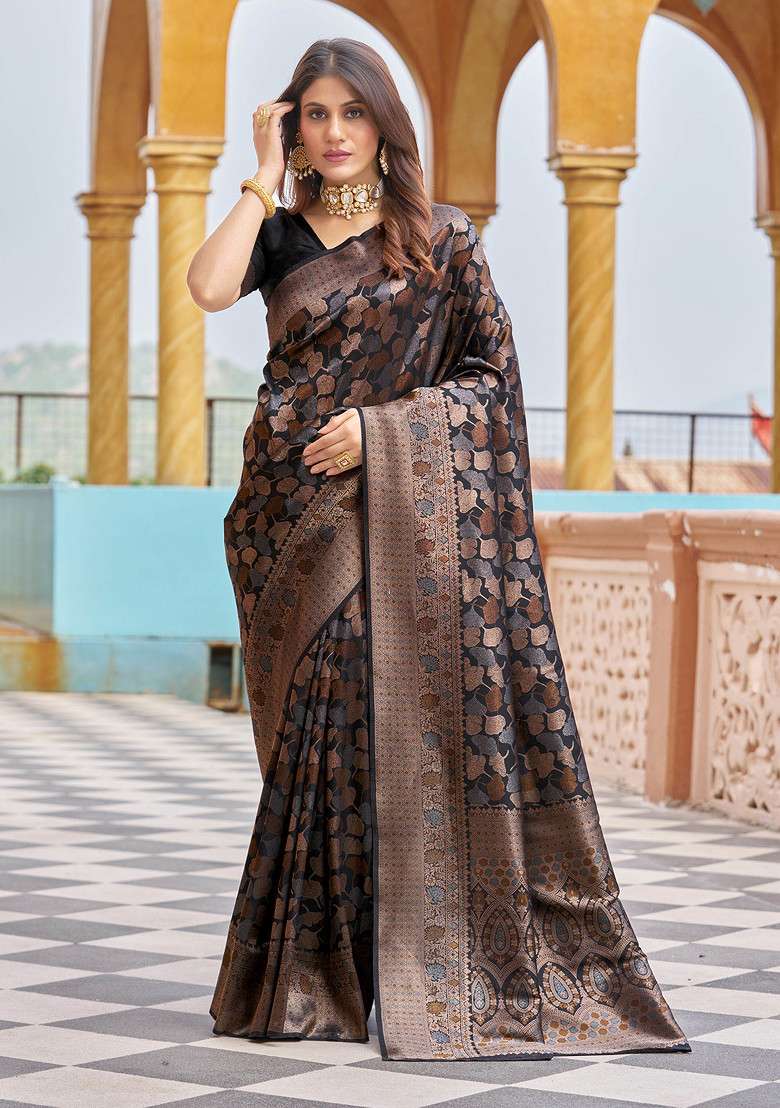 Black Zari Woven Blend Banarasi Silk Saree Set for Diwali | Wedding & Festive Wear - Indya