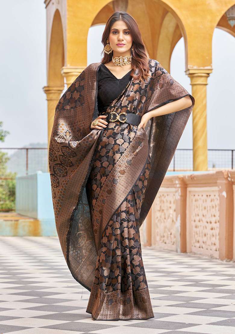 Black Zari Woven Blend Banarasi Silk Saree Set for Diwali | Wedding & Festive Wear - Indya