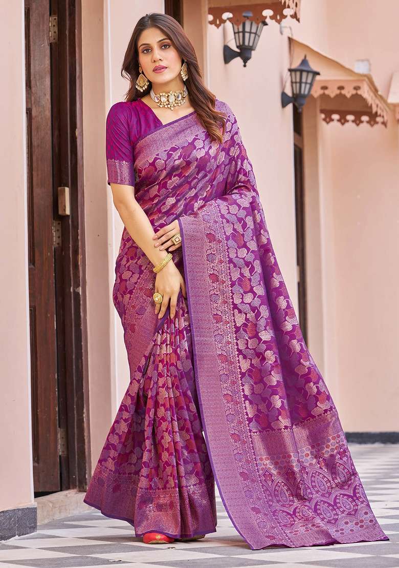 Wine Zari Woven Blend Banarasi Silk Saree Set for Diwali | Wedding & Festive Wear - Indya