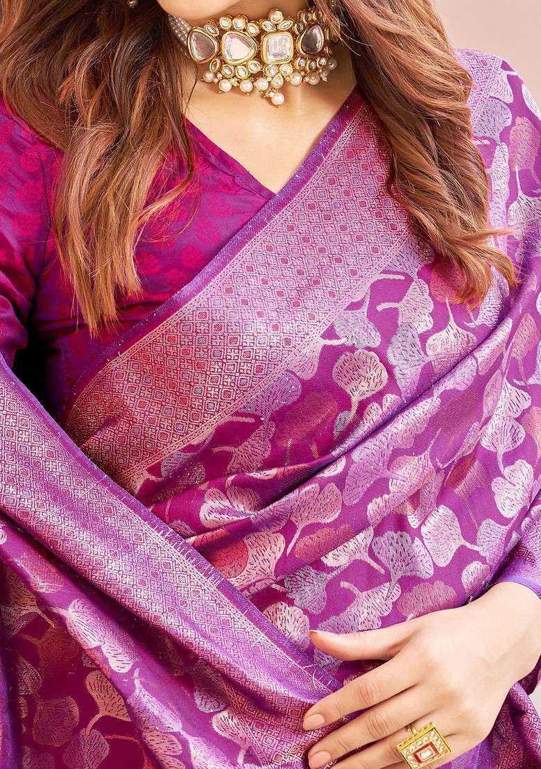 Wine Zari Woven Blend Banarasi Silk Saree Set for Diwali | Wedding & Festive Wear - Indya