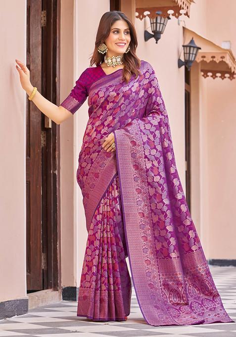 Wine Zari Woven Banarasi Silk Blend Saree Set