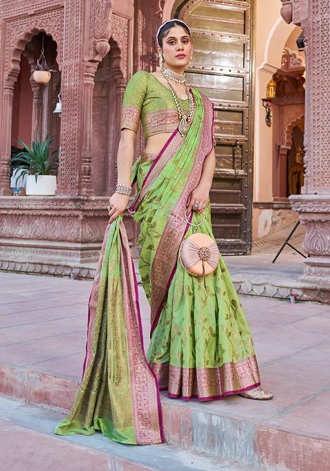 Green Zari Woven Banarasi Cotton Silk Saree Set