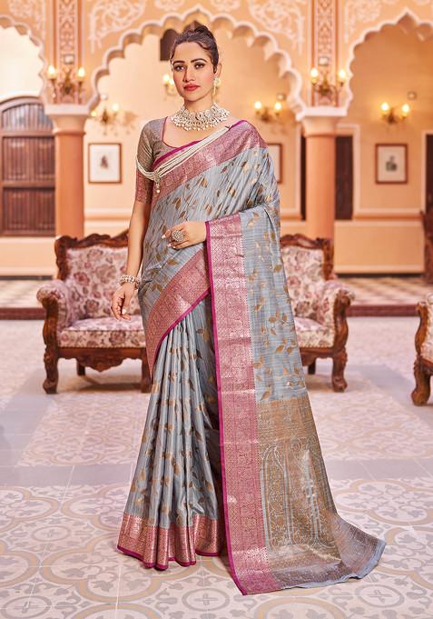 Grey Zari Woven Banarasi Cotton Silk Saree Set