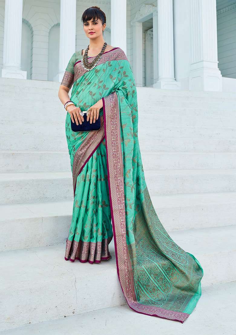Teal Zari Woven Banarasi Silk Cotton Saree Set for Diwali | Wedding & Festive Wear - Indya