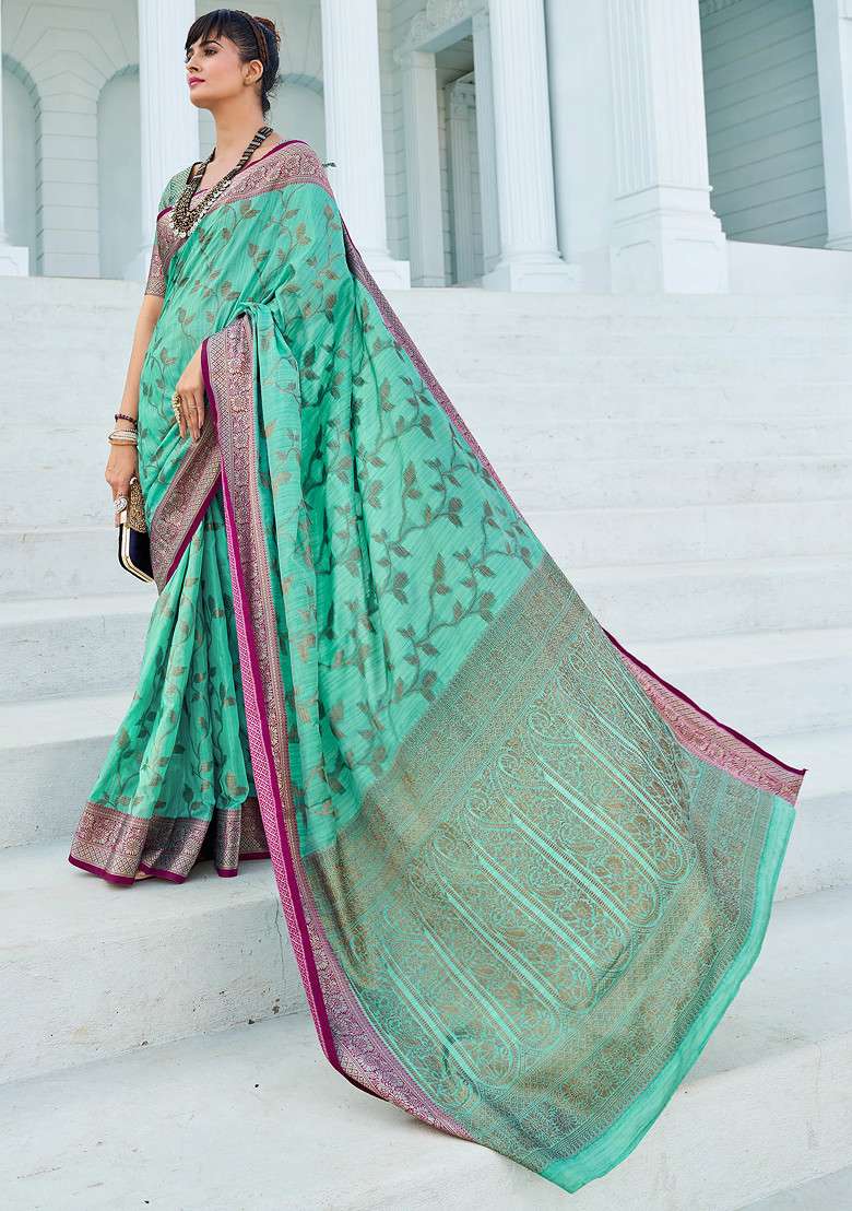 Teal Zari Woven Banarasi Silk Cotton Saree Set for Diwali | Wedding & Festive Wear - Indya