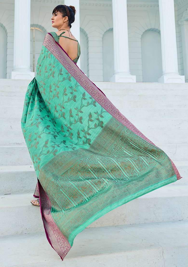 Teal Zari Woven Banarasi Silk Cotton Saree Set for Diwali | Wedding & Festive Wear - Indya