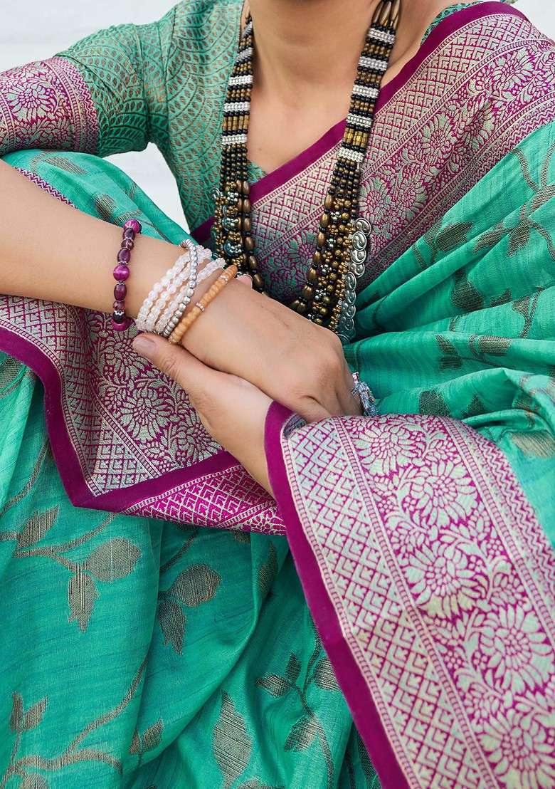 Teal Zari Woven Banarasi Silk Cotton Saree Set for Diwali | Wedding & Festive Wear - Indya