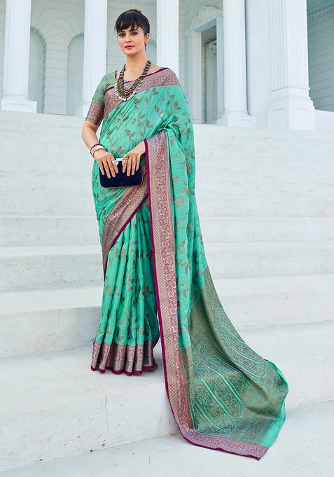 Teal Zari Woven Banarasi Cotton Silk Saree Set