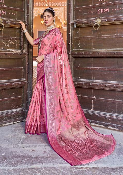 Pink Zari Woven Banarasi Cotton Silk Saree Set