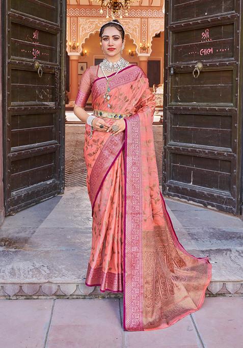 Peach Zari Woven Banarasi Cotton Silk Saree Set