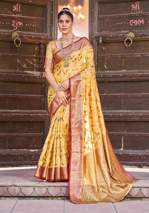 Yellow Zari Woven Banarasi Cotton Silk Saree Set