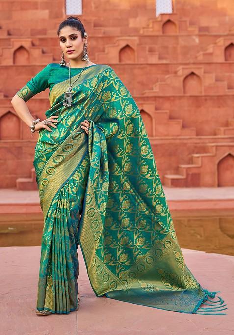 Green Zari Woven Work Silk Blend Saree Set