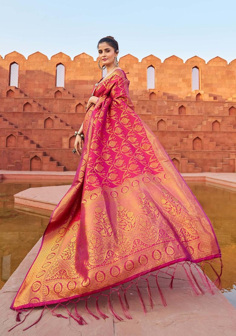 Pink Zari Woven Work Silk Blend Saree Set