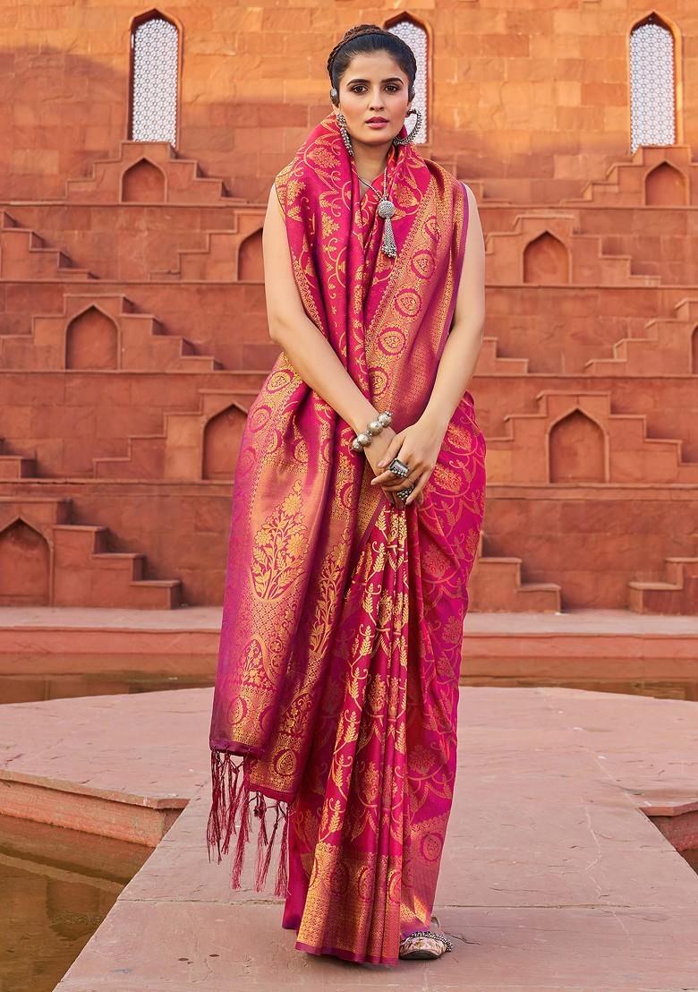Pink Zari Woven Work Silk Blend Saree Set