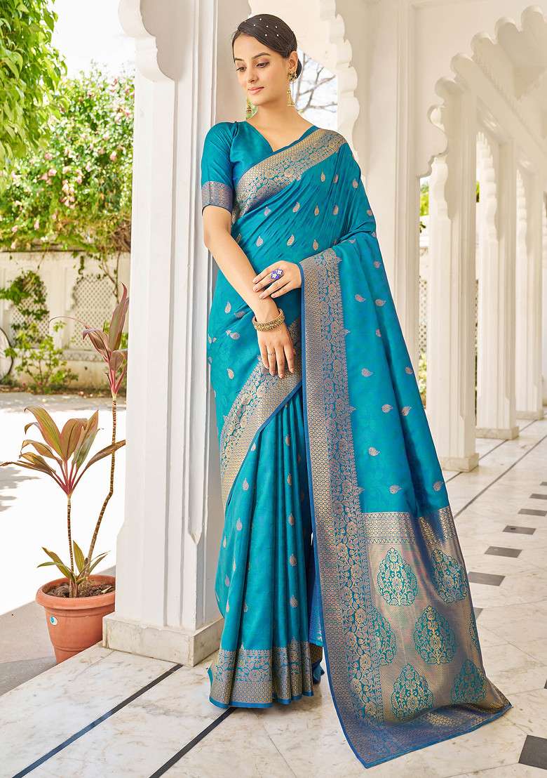Blue Zari Woven Banarasi Cotton Silk Saree Set for Diwali and Festive Wear - Indya