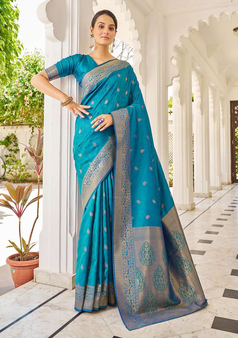 Blue Zari Woven Banarasi Cotton Silk Saree Set for Diwali and Festive Wear - Indya