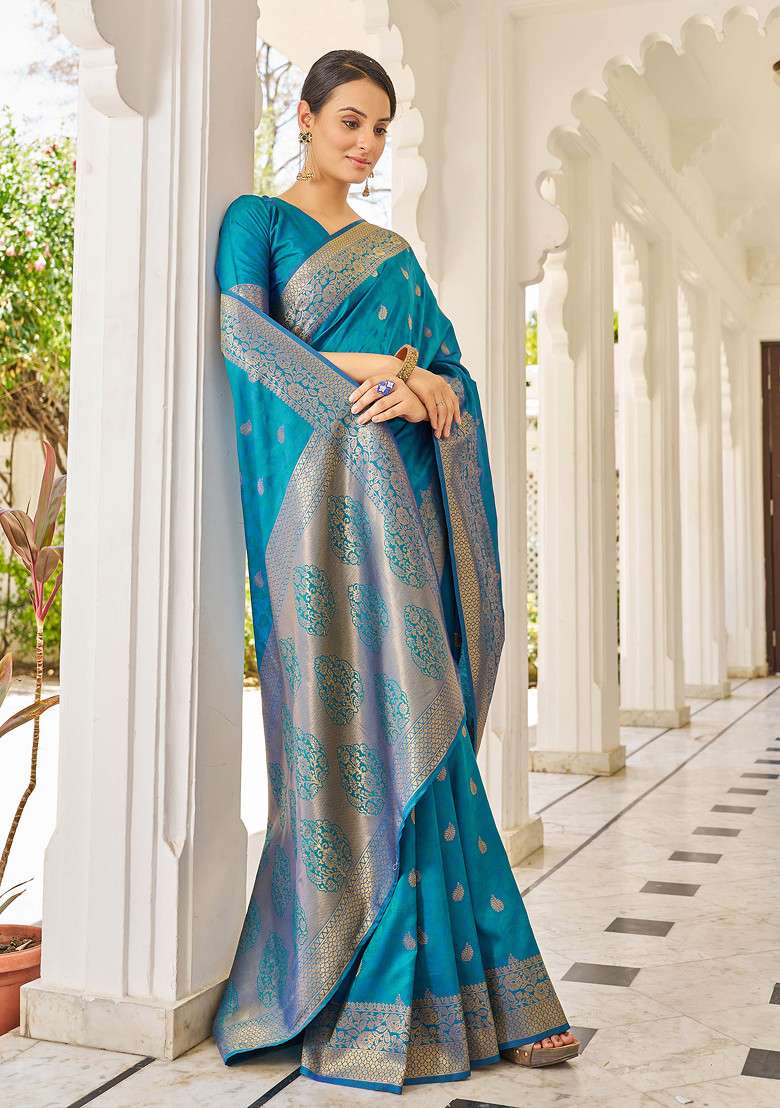 Blue Zari Woven Banarasi Cotton Silk Saree Set for Diwali and Festive Wear - Indya