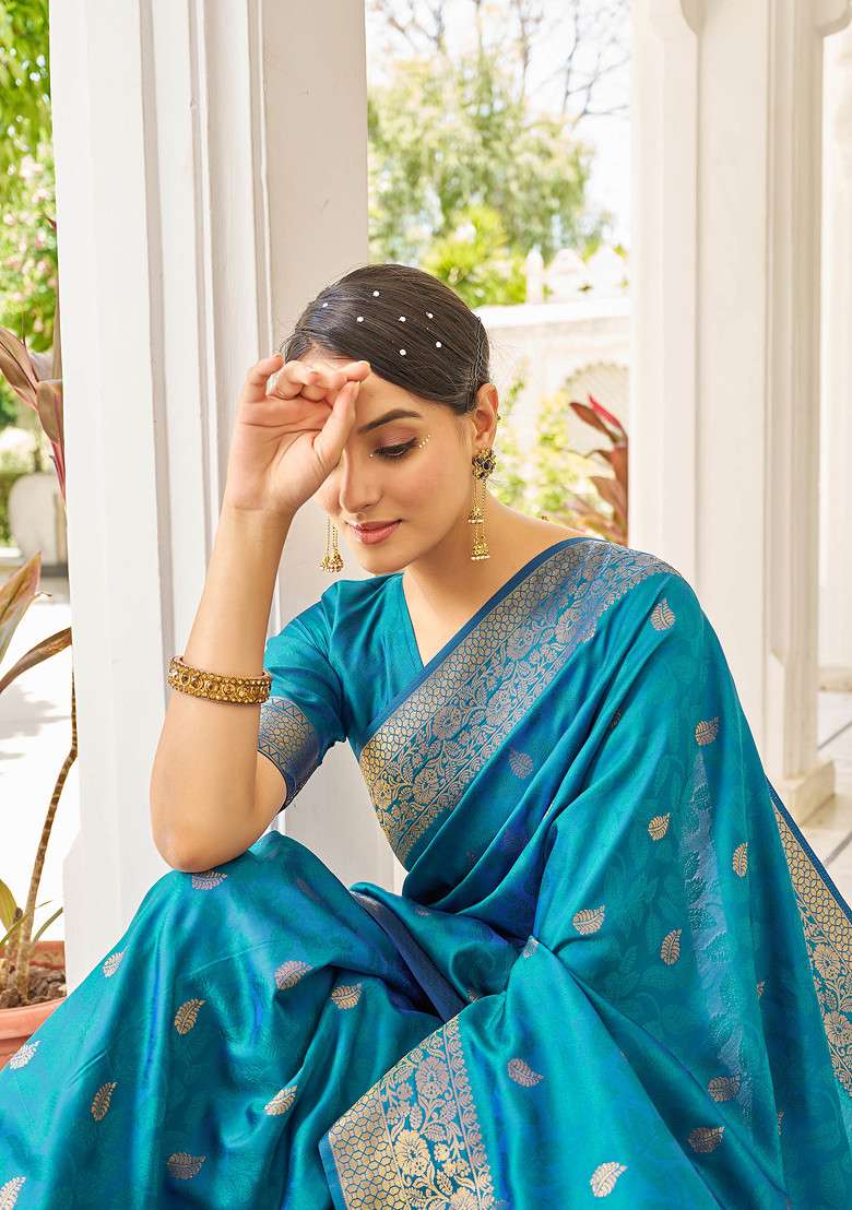 Blue Zari Woven Banarasi Cotton Silk Saree Set for Diwali and Festive Wear - Indya