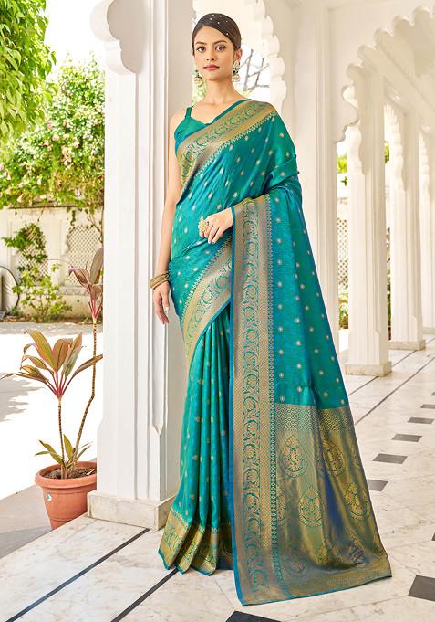 Green Zari Woven Work Banarasi Cotton Silk Saree Set