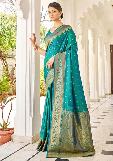 Green Zari Woven Work Banarasi Cotton Silk Saree Set