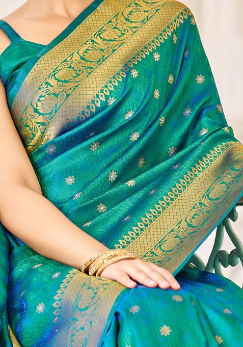 Green Zari Woven Work Banarasi Cotton Silk Saree Set