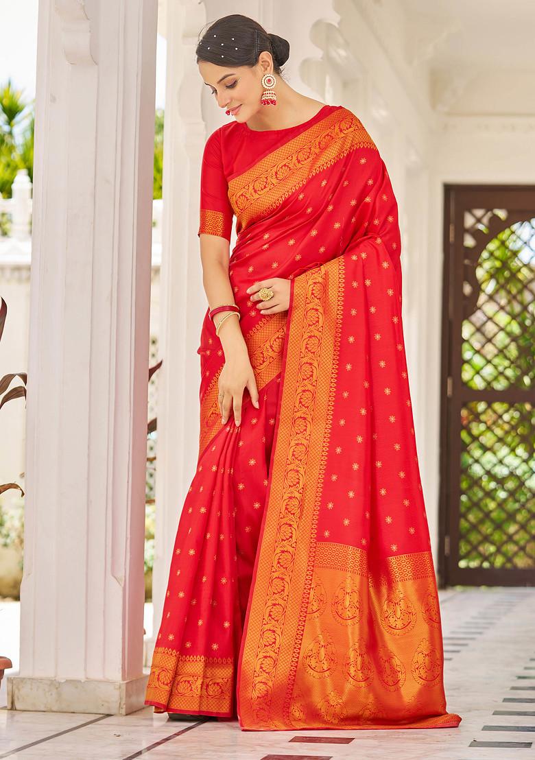 Red Zari Woven Banarasi Cotton Silk Saree Set