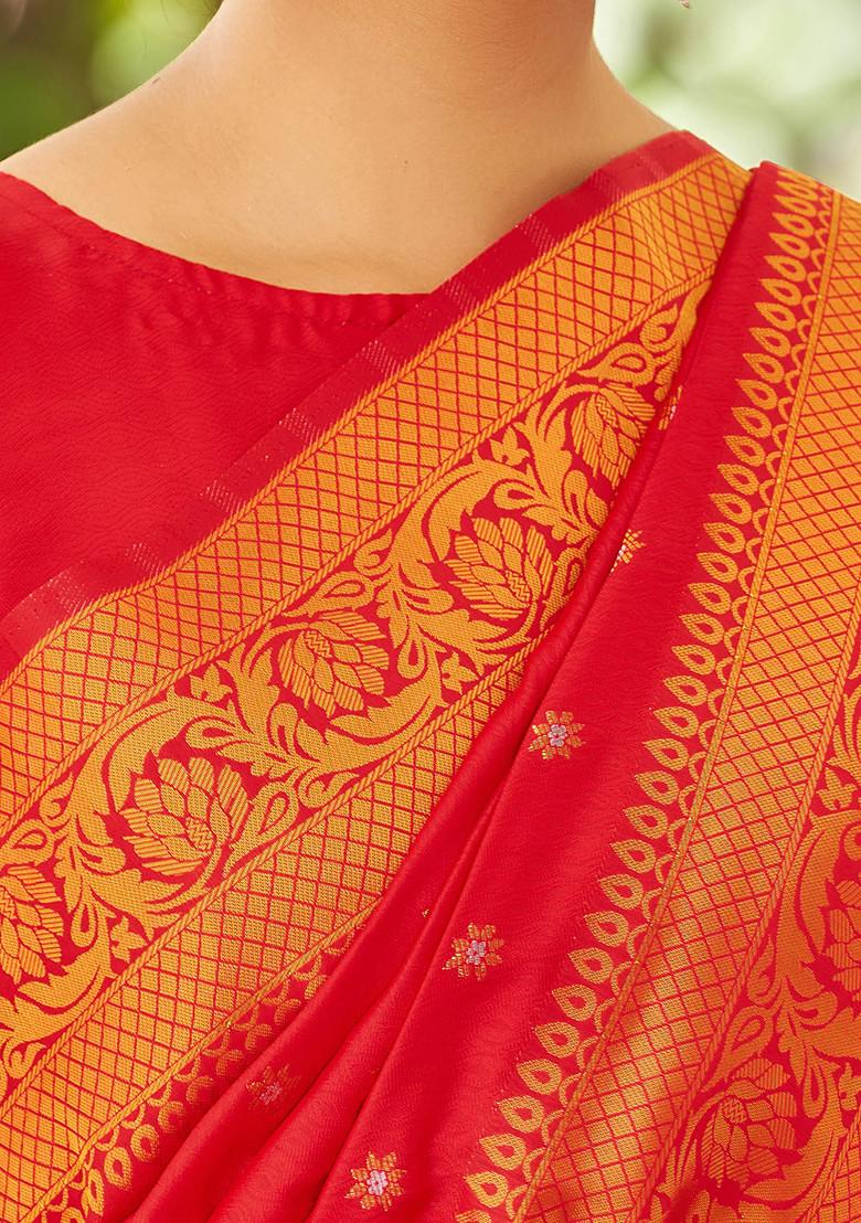 Red Zari Woven Banarasi Cotton Silk Saree Set