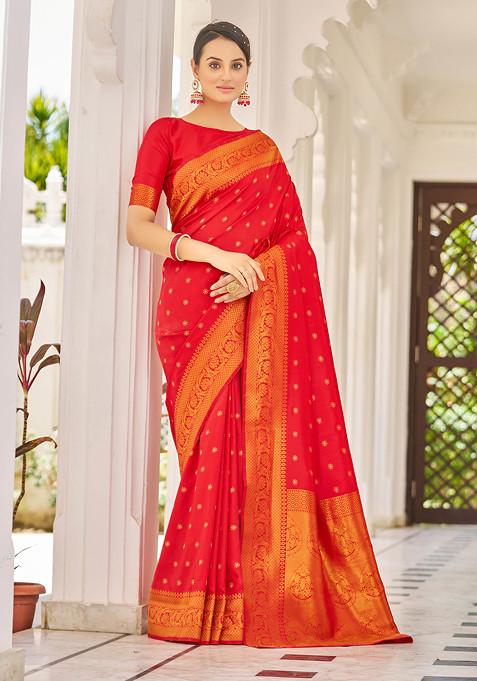 Red Zari Woven Banarasi Cotton Silk Saree Set