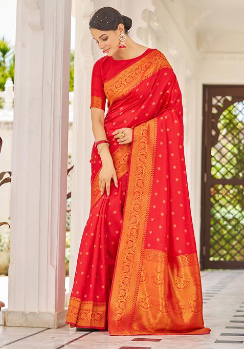Red Zari Woven Banarasi Cotton Silk Saree Set
