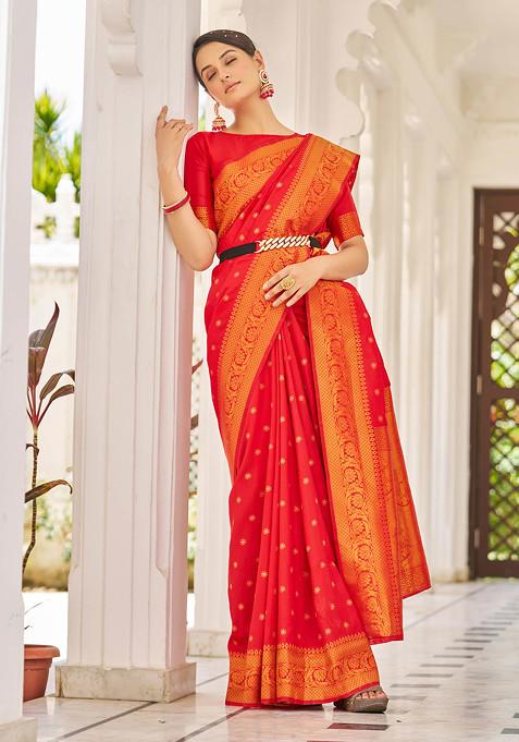 Red Zari Woven Banarasi Cotton Silk Saree Set