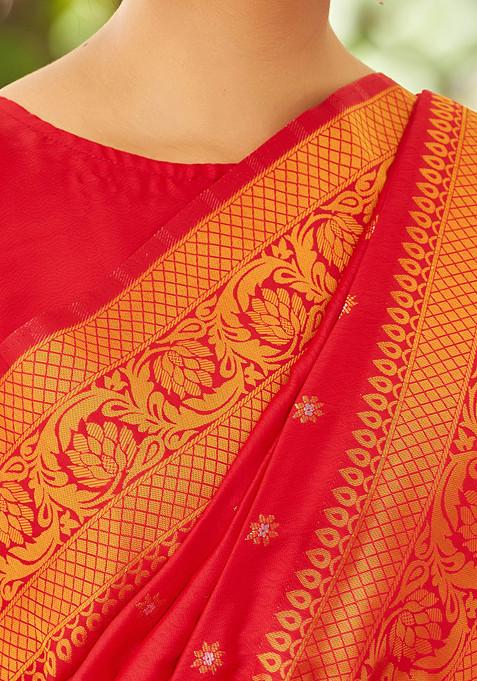 Red Zari Woven Banarasi Cotton Silk Saree Set