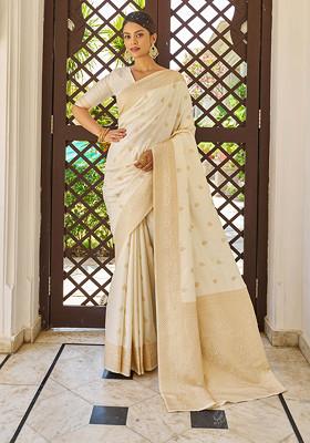 White Zari Woven Banarasi Cotton Silk Saree Set