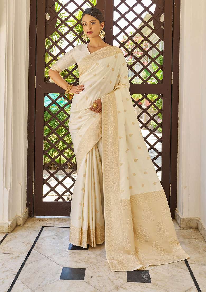 White Zari Woven Banarasi Cotton Silk Saree Set for Diwali and Festive Wear - Indya