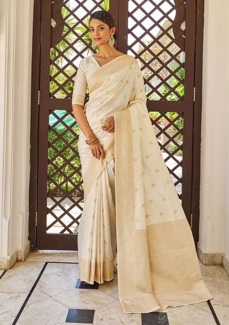 White Zari Woven Banarasi Cotton Silk Saree Set for Diwali and Festive Wear - Indya