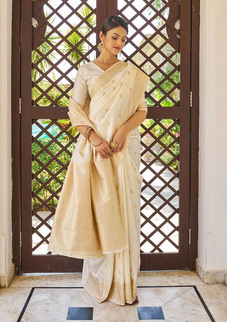 White Zari Woven Banarasi Cotton Silk Saree Set for Diwali and Festive Wear - Indya