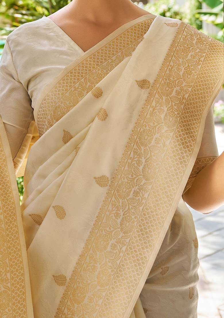 White Zari Woven Banarasi Cotton Silk Saree Set for Diwali and Festive Wear - Indya