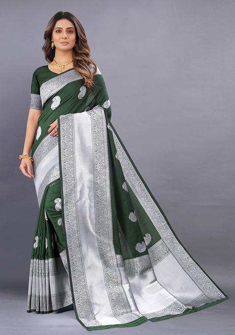 Green Zari Woven Banarasi Kanjivaram Silk Saree Set