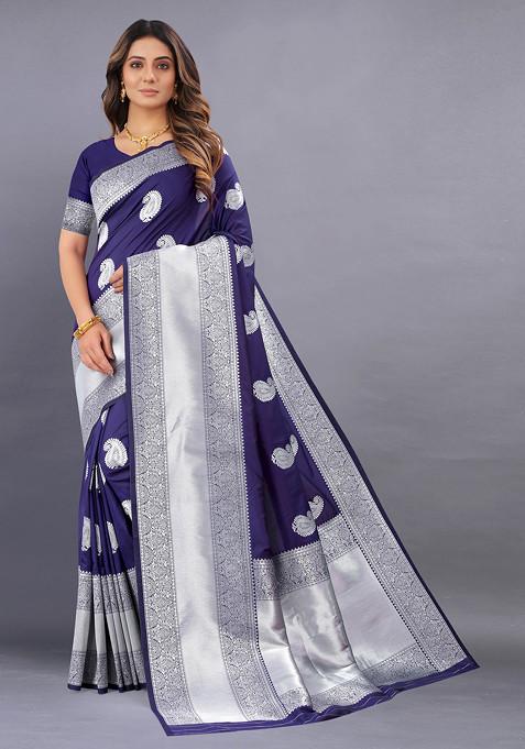 Navy Blue Zari Woven Banarasi Kanjivaram Silk Blend Saree Set