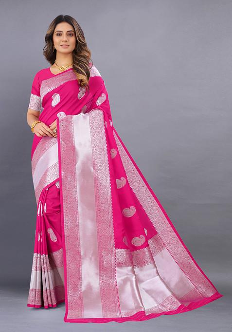 Pink Zari Woven Banarasi Kanjivaram Silk Blend Saree Set