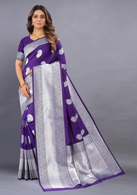 Purple Zari Woven Banarasi Kanjivaram Silk Blend Saree Set