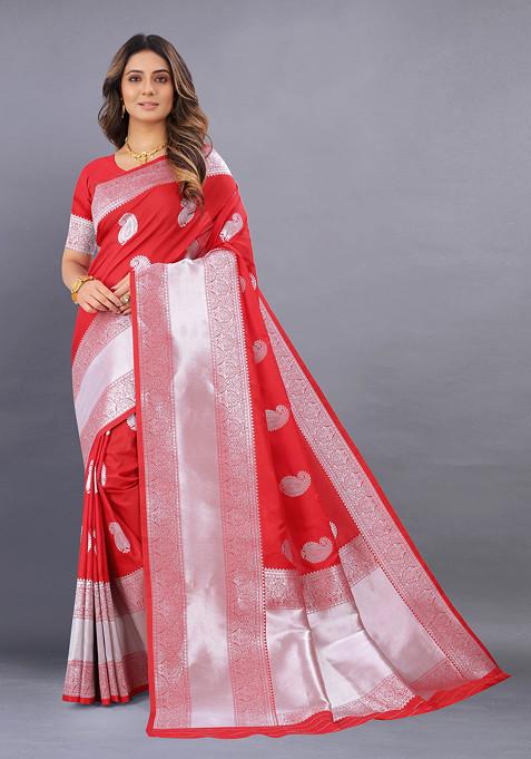 Red Zari Woven Banarasi Kanjivaram Silk Blend Saree Set