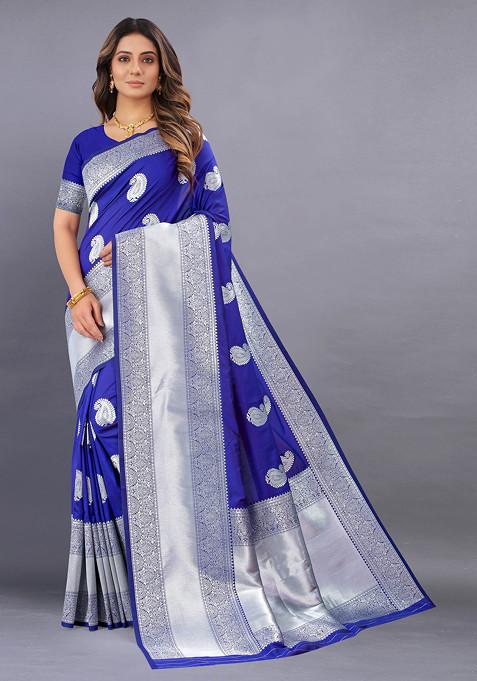 Blue Zari Woven Banarasi Kanjivaram Silk Blend Saree Set