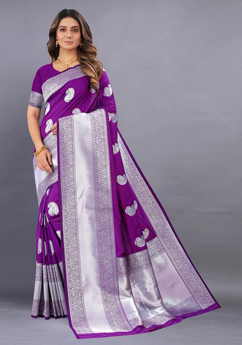 Violet Zari Woven Banarasi Kanjivaram Silk Blend Saree Set