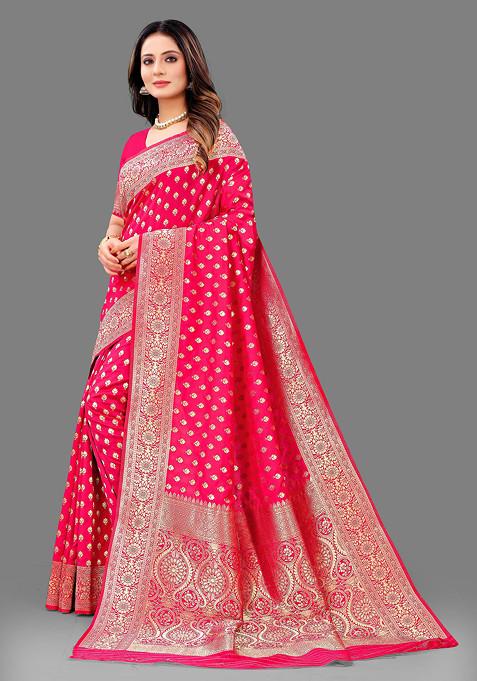 Pink Zari Woven Banarasi Lichi Silk Saree Set