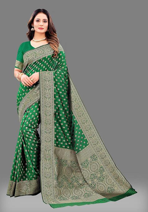 Green Zari Woven Banarasi Lichi Silk Saree Set