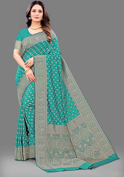 Teal Zari Woven Banarasi Lichi Silk Saree Set