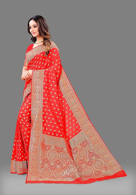 Red Zari Woven Banarasi Lichi Silk Saree Set